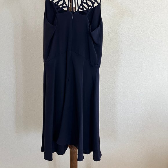 Parker Size XS Navy Blue Sleeveless Cage V-Neck Silk Fit & Flare Mini Dress - Picture 7 of 10